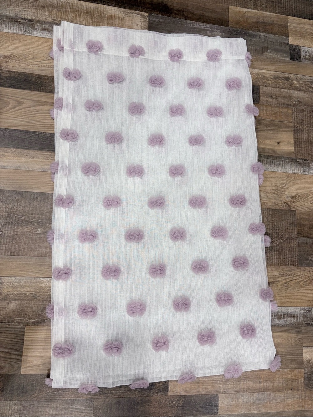 DKNY White linen with purple Pom poms 50x80” girly curtains! Set of TWO